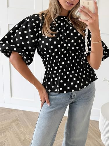 Cicy Bell Women Polka Dot Peplum Blouse Round Neck Puff Sleeve Summer Top
