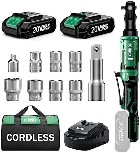 KIMO Extended Cordless Ratchet Wrench 1/2", 400RPM 40Ft-Lbs 4-Inch Long Neck Electric Ratchet Wrench Set w/Variable Speed, 7 Sockets & 1/4" Adapter, 12V Power Ratchet Wrenches with 2x2.0 Ah Batteries