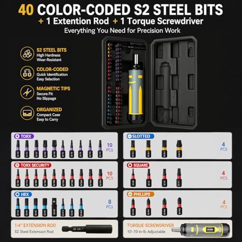 Torque Screwdriver Set 10-70 in-lb,1/4'' Drive with 40 S2 Bits | 10-70 Inch-Pounds Torque Wrench for Scope Mounting, Bcycle Repair & Precision Maintenance.