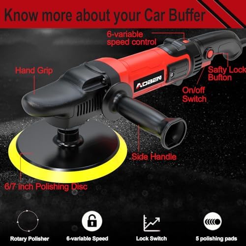 AOBEN 6/7 inch Buffer Polisher,Rotary Car Buffer,1600W Car Polisher Waxer Kit with 6 Variable Speed 1000-3500RPM & 4 Polishing Pads,Detachable Handle for Car Polishing and Waxing