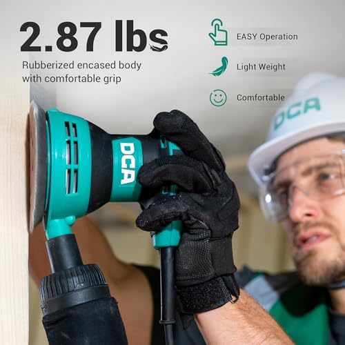 DCA Random Orbital Sander, 3.0 AMP Corded Palm Sander, 6 Speeds Max 12,000 OPM, 5-Inch with 10 pcs Sandpapers, Dust Bag, Low Vibration for Woodworking, Decoration Furniture (ASA125)