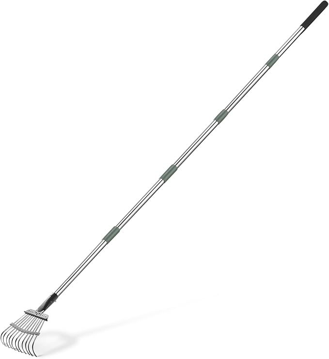 Amazon Basics - Garden Rake, 38.5" - 80.5" Adjustable Steel Handle, Olive/Black/Silver