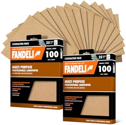 Fandeli | Multi-Purpose Sandpaper | 100 Grit | 50 Sheets of 9'' x 11'' | Ideal for Sanding Metal, Untreated Wood and Painted Surfaces | Sandpaper Sheets | Sandpaper Grit.