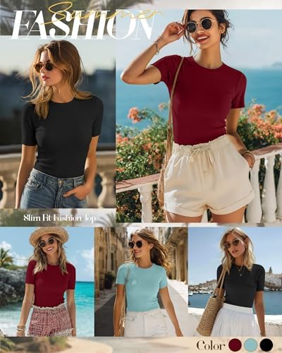 Ficerd 3 Pack Women's Ribbed Short Sleeve T-Shirts