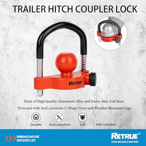 RETRUE Universal Trailer Coupler Hitch Lock, Waterproof Cover & Cap, Red