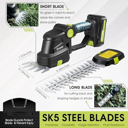 Saker 20V Cordless Hedge Trimmer,2 in 1 Bush Trimmer with 2 Battery
