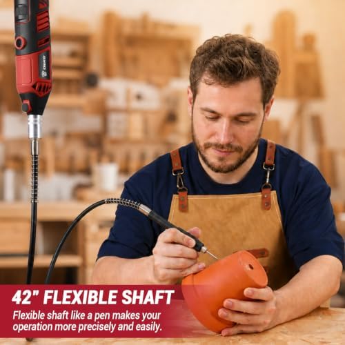 DEKOPRO Rotary Tool Kit, 1.5-Amp Corded Power Rotary Tools with 42" Flex Shaft, 6 Variable Speed, 8,000-35,000 RPM, 129 Pcs Accessories Kit for Cutting, Sanding, Grinding, Carving & DIY Projects Red