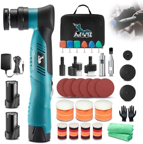 AUTIWOZ Cordless Mini Polisher Fast Change 1/3inch 12mm and 3mm Orbital, DA/RO Small Polisher for Car Detailing 6 Speeds, 2Pcs 2000mAh Li-ion Batteries, with Collet, Cone Cylinder Polishing Pads