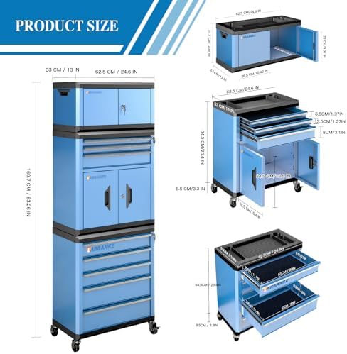 LARBANKE 8 Drawer Rolling Tool Chest with Locks&360° Wheels,Tool Cabinet with Multifunctional Countertop,Tool Chest with Connection Rods,Can Be Used as 3 Individual Units or Combine a Large One