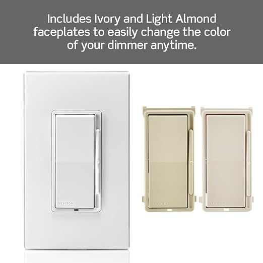 Leviton Decora Slide Dimmer Switch for Dimmable LED, Halogen and Incandescent Bulbs, DSL06-1LZ, White with Ivory and Light Almond Faceplates (Pack of 10)