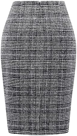 IDEALSANXUN Plaid Skirts for Women Fall Winter Knee Length Pencil Wool Skirt with Slit