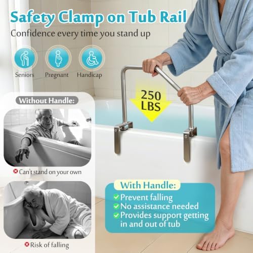 Bathtub Rail Safety Grab Bar, Clamp on Tub Handles for Seniors, Adjustable Bath Tub Rails for Elderly Adults Support Bars Shower No Drill, Handicap Bathtub Helper Railing for Side of Tub