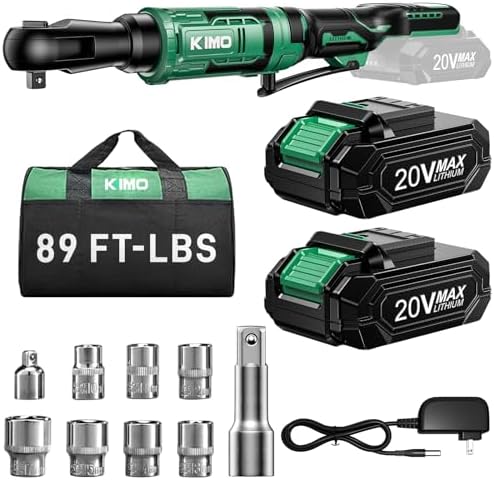 KIMO 20V Electric Ratchet Wrench 3/8, 89Ft-lbs 400RPM Cordless Ratchet Wrench Set w/Variable Speed, 2x2.0Ah Battery Power Ratchet Wrenches, 7Sockets, 3/8"to1/4" Adapter, 3"Extension Bar, Fast Charger