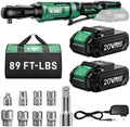 KIMO 20V Electric Ratchet Wrench 3/8, 89Ft-lbs 400RPM Cordless Ratchet Wrench Set w/Variable Speed, 2x2.0Ah Battery Power Ratchet Wrenches, 7Sockets, 3/8"to1/4" Adapter, 3"Extension Bar, Fast Charger