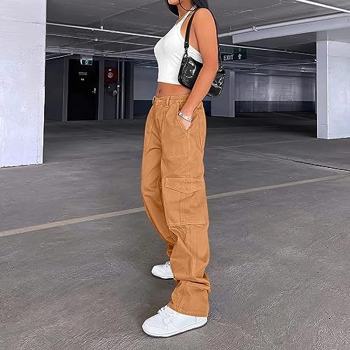 Lepunuo Cargo Pants for Women High Waisted Casual Pants Baggy Stretchy Wide Leg Y2K Streetwear with 6 Pockets