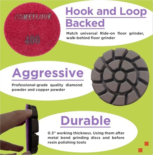 Concrete Floor Polishing Pucks Sharp Diamond Copper Bond Grinding Disc, Fit Ride-on Floor Grinder, Walk-Behind Grinder, 3 Inch Hook and Loop Long Using Life Polishing Pads, 400#
