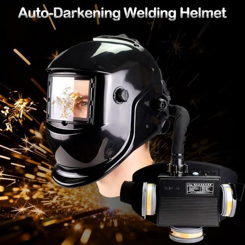 True Color Auto Darkening Welding Helmet with PAPR Respirator System, Large Viewing Screen Welding Hood with Fan for MIG TIG ARC, Powered Air Purifying Respirator Mask (Black)