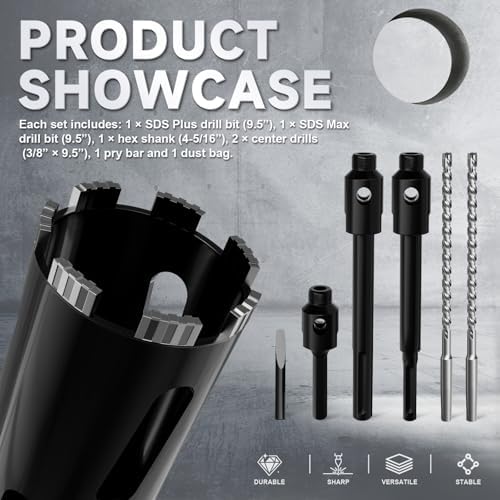 Diamond Core Drill Bit 6"(152mm) with Pilot Bit & Adapters (SDS Plus & Hex) – Upgraded Welded Segments, 8.6" Depth – for Concrete, Solid Brick, Hollow Brick, Masonry & More