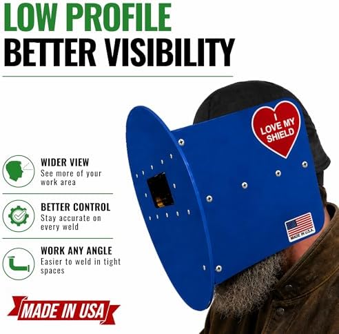 Blue Pancake Welding Hood Right Handed, 2" x 4-1/4" Lens Welding Shield, ANSI Z87.1, Lightweight Low Profile