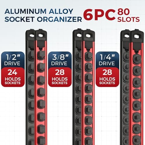 Reniteco Magnetic Socket Organizer Set, 6-Piece 1/4” 3/8” 1/2” Socket Rails | 80-Clip: 1/4" Rail-28 Clips, 3/8" Rail-24 Clips, 1/2" Rail-28 Clips, Heavy-Duty Aluminum Alloy Rails, Drawer or Wall Mount