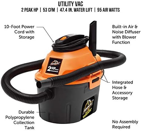 Armor All, AA255, 2.5 Gallon 2 Peak HP Wet/Dry Utility Shop Vacuum, Orange