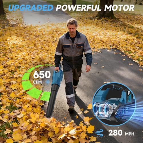 Leaf Blower Cordless, 650CFM Electric Leaf Blowers with 2 x 5.2Ah Batteries and Charger, 3 Speed Modes, 1 x Adjustable Shoulder Strap, Powerful Blowers for Lawn Care, Patio, Dust, Blowing Leaves