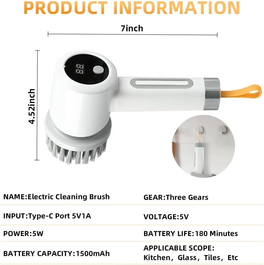 Cordless Electric Spin Scrubber with 5 Brush Heads, 3-Speed Cleaning Brush