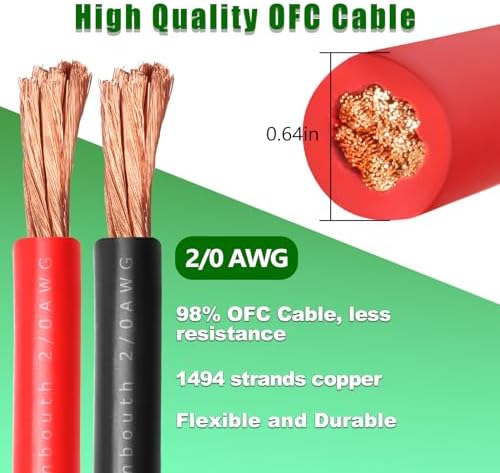 2/0 Gauge Battery Cable Copper Wire, 20FT Red + 20FT Black
