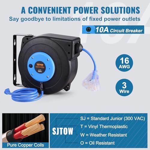 VEVOR 30FT Retractable Extension Cord Reel, 16AWG/3C SJTOW Heavy Duty Power Cord w/Lighted Electrical Triple Tap Outlets, 10A Circuit Breaker, 180° Swivel Bracket for Workshop or Garage, Blue