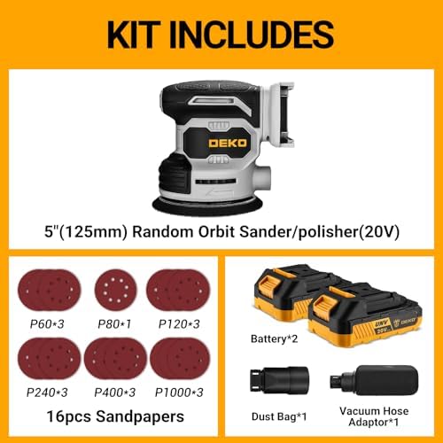 Cordless Orbital Sander: DEKOPRO 20V Random Orbit Sander, 5inch Power Palm Sander Electric Sanders Tool with 2 Batteries, Charger, Dust Collector, 16 Pcs Sanding Discs for Woodwroking