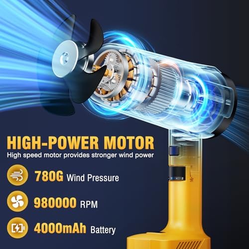 Leaf Blower Cordless, Handheld Leaf Blower with 2 X 4.0Ah Battery and Charger, Snow Blower with 6 Speed Modes, Lightweight Blowers for Lawn Care, Patio, Yard, Blowing Snow, Leaves, Dust-Yellow