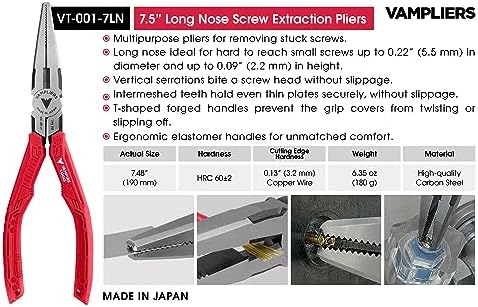 VAMPLIERS 4-PC Screw Extractor Pliers Gift Set. Made in Japan. 8" Linesman, 7.5" Long Nose, 6.25" Multipurpose & 5" ESD Safe Pliers + Tool Pouch. Remove any Stripped/Damaged/Rusted Screws.