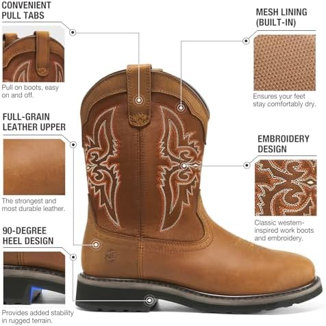 NINGO Steel Toe Boots for Men, Comfortable Square Toe Cowboy Work Boots