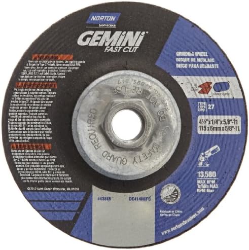 Norton Abrasives Grinding Wheel, Gemini Fast Cut Grinding Wheel, 4 1/2 for Right Angle Grinder - Pack of 10 Discs