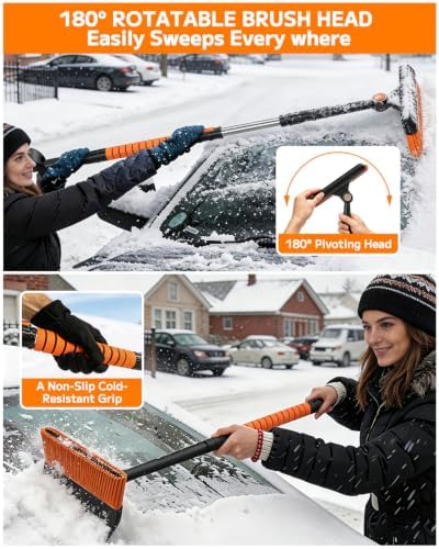 42'' Car Snow Brush and Ice Scraper with Portable Car Snow Shovel, 180° Swivel Brush Head, Extendable 5-in-1 Snow Removal Kit for Windshield, Truck, Car, SUV, Vehicle Winter Snow Removal Tool
