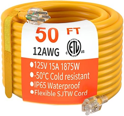 HUANCHAIN Indoor Outdoor Yellow Extension Cord 50 FT with Lighted 12 Gauge