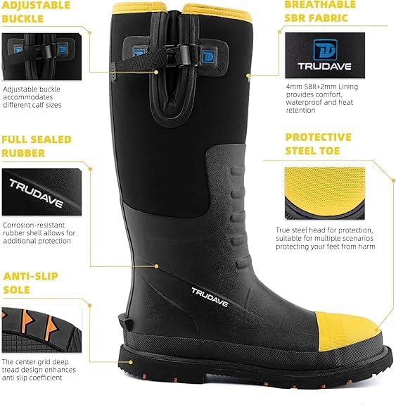 Trudave Steel Toe Rubber Boots for Men with Steel Shank, Anti Slip Waterproof Mens Mud Boots Hunting Work Boots, Durable Rain Boots for Construction, Farming, Size 6-14