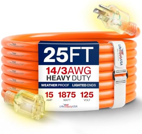 25ft Outdoor/Indoor Extension Cord 14/3 Gauge Heavy Duty 3 Prong SJTW (5-15P/5-15R), Waterproof, Flexible Cold-Resistant Long Power Cord,15A 125V 1875W, Orange by LifeSupplyUSA