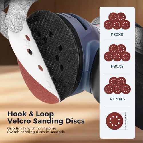 Orbital Random Sander Tool, 6 Variable Speeds With Dust Bag, 360W, Palm Hand Sander For Woodworking, 13000 Rpm Small Handheld Electric Sander With Vacuum Dust Collector For Wood