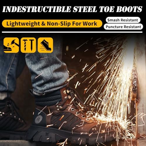 KELODON Waterproof Steel Toe Boots For Men-6 Inch Comfortable Mens Safety Work Boots Indestructible Steel Toe Shoes Lightweight Non Slip Puncture Resistant Industrial Construction Boot