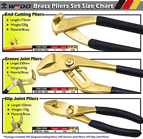 WEDO 3-Piece Brass Pliers Set,10" Groove Joint Pliers,6" Slip Joint Pliers,7" End Cutting Pliers, Non-Slip Handle
