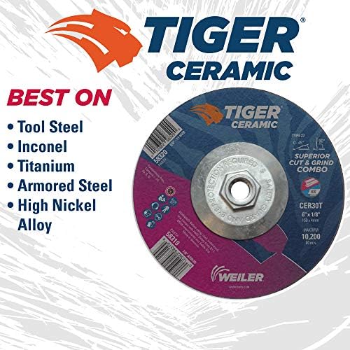 Weiler 58320 6 x 1/8 Tiger Ceramic Type 27 Cut Off/Grind Combo Wheel CER30T 5/8-11 Nut (Pack of 10)