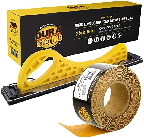 Dura-Gold Pro Series Longboard Hand Sanding File Sander Block - Hook & Loop Backing and PSA Backing Adapter Pad & 600 Grit PSA Longboard Sandpaper 20 Yard Roll, 2-3/4" Wide