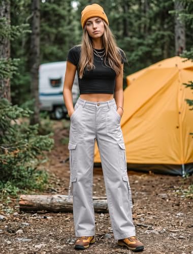 Eddoyee Cargo Pants for Women Elastic High Waisted Wide Leg Hiking Pants