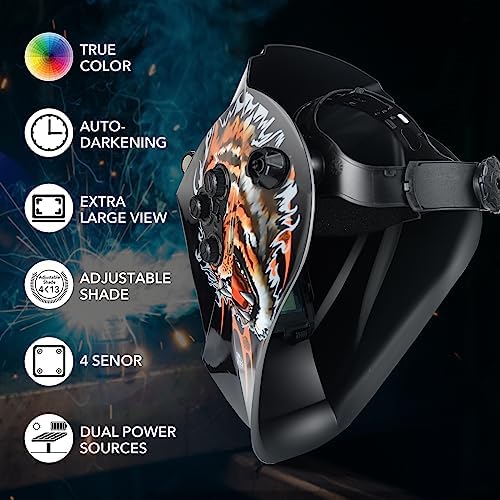TRQWH Welding Helmet Auto Darkening Large Viewing True Color Solar Powered Welding Mask with 4 Arc Sensor Adjustable Wide Shade Range 4~5-8/9-13 Welder Mask with Grinding