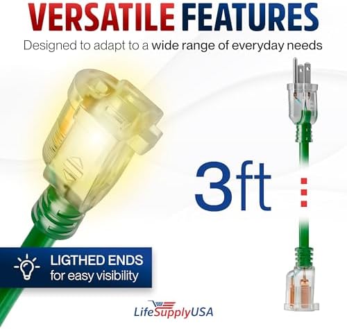 3ft Outdoor/Indoor Extension Cord 10/3 Gauge Ultra Heavy Duty 3 Prong SJTW, Waterproof, Flexible Cold-Resistant Long Power Cord,15A 125V 1875W, Green by LifeSupplyUSA