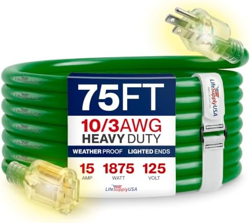 75ft Outdoor/Indoor Extension Cord 10/3 Gauge Ultra Heavy Duty 3 Prong SJTW, Waterproof, Flexible Cold-Resistant Long Power Cord,15A 125V 1875W, Green by LifeSupplyUSA