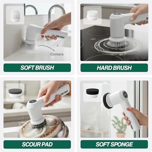 SonicPower Electric Spin Scrubber – Handheld & Ergonomic, IPX7 Waterproof, 4 Multi-Purpose Brush Heads, Long-Lasting Rechargeable Battery – Cleans Dishes, Bathroom, Tile, Grout & Kitchen (White)