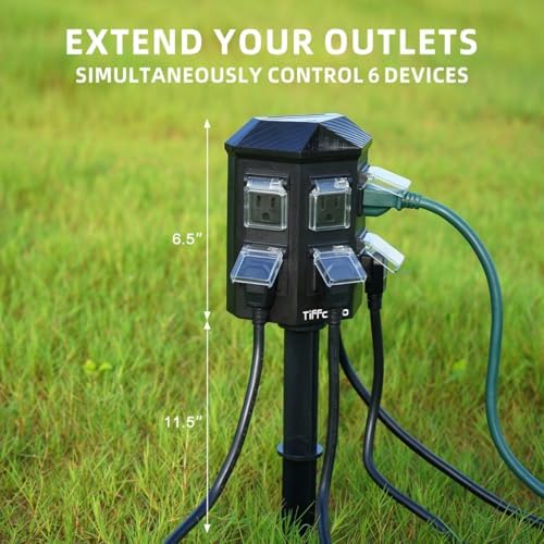 TiFFCOFiO Outdoor Power Strip with Stake, 30 FT Extension Cord Waterproof, 6 Grounded Outlets for Outdoor Lights, 14 AWG, 15A/1875W, ETL Listed