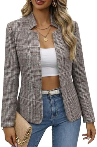 Mina Self 2026 Fall Women's Open Front Tweed Blazer,Plaid Fitted Jacket